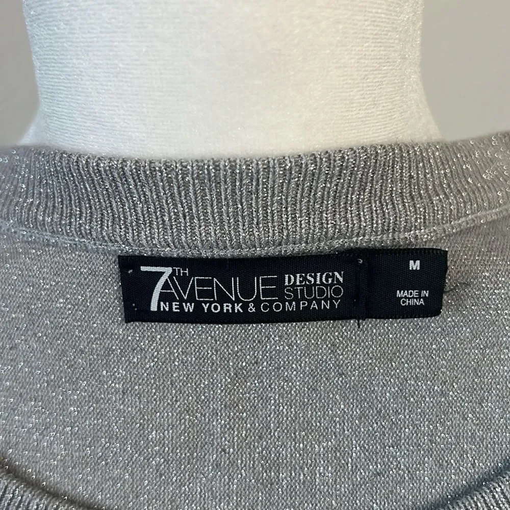 7th Avenue Design Studio Long Sleeve Cold Shoulder Silver Glitter Sweater ~ M
